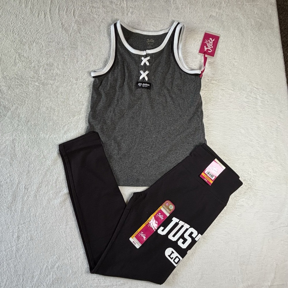 Justice Girls Lot Of 2 Size Large One Black Leggings And Lace Up Tank Top Gray